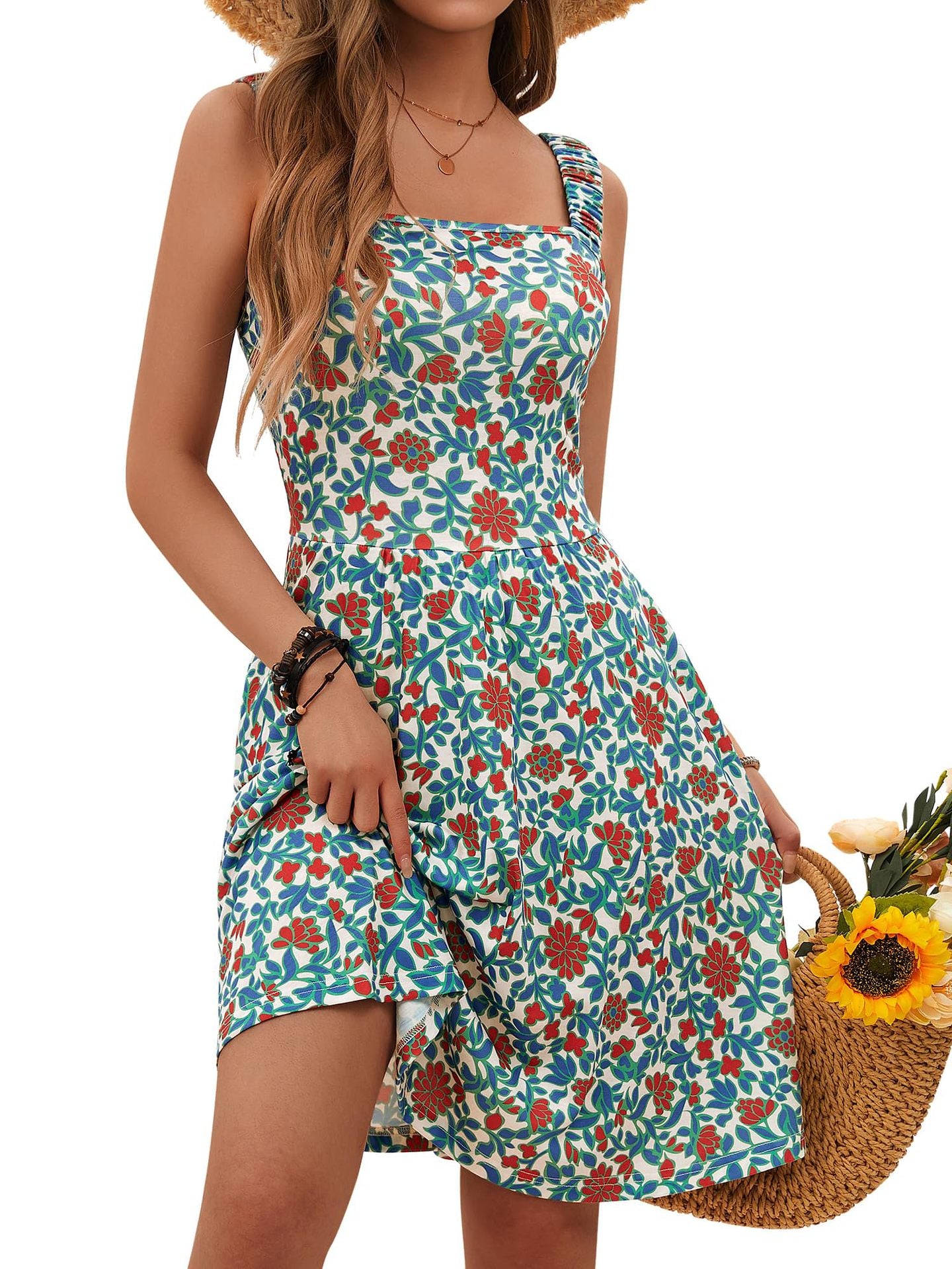 Women's Summer Casual Square Neck Dress with Pocket Cute Sleeveless High Waist A-line Sundress Midi Dresses - Seldom Seen Styles