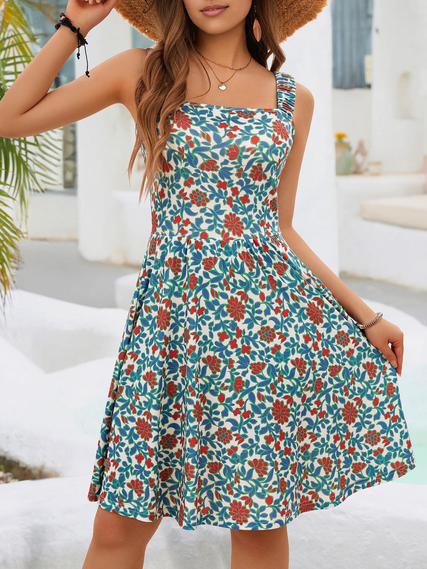 Women's Summer Casual Square Neck Dress with Pocket Cute Sleeveless High Waist A-line Sundress Midi Dresses - Seldom Seen Styles