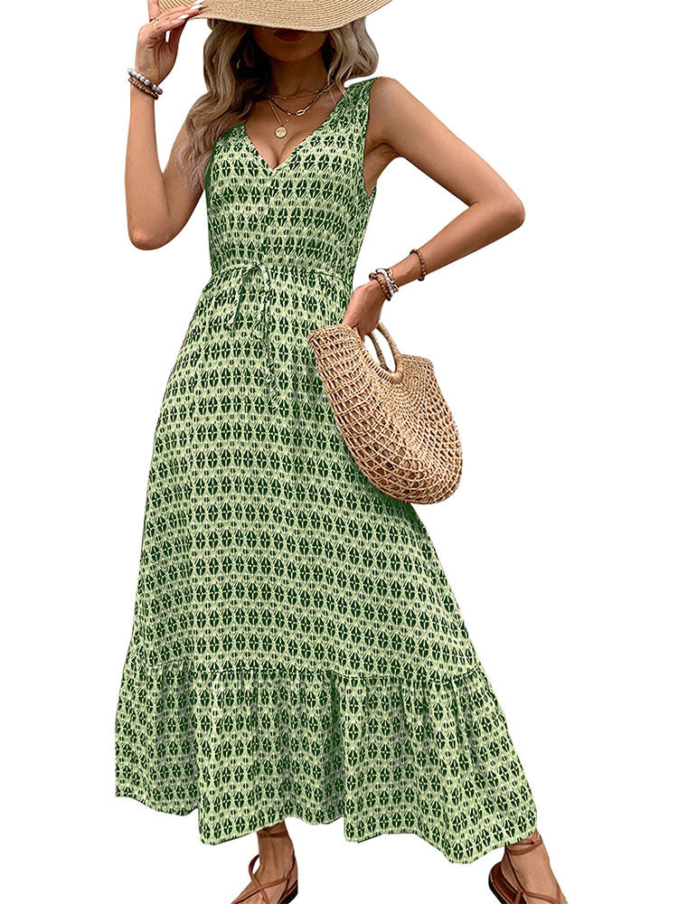 Women's Summer Cotton and Linen Dress 2025 Casual Sleeveless V Neck Flowing Ruffle Print Vintage Brown Long Dress - Seldom Seen Styles