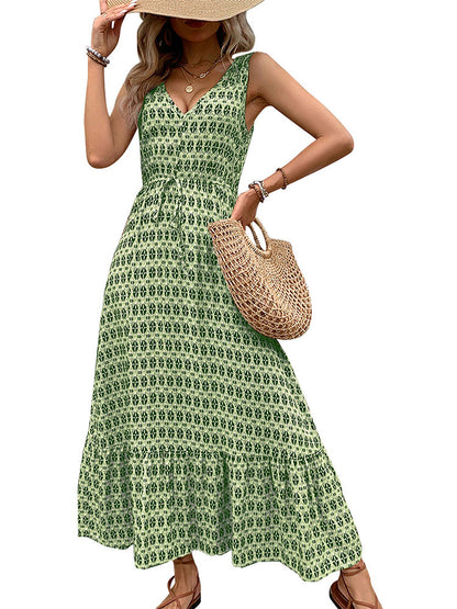 Women's Summer Cotton and Linen Dress 2025 Casual Sleeveless V Neck Flowing Ruffle Print Vintage Brown Long Dress - Seldom Seen Styles