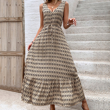 Women's Summer Cotton and Linen Dress 2025 Casual Sleeveless V Neck Flowing Ruffle Print Vintage Brown Long Dress - Seldom Seen Styles