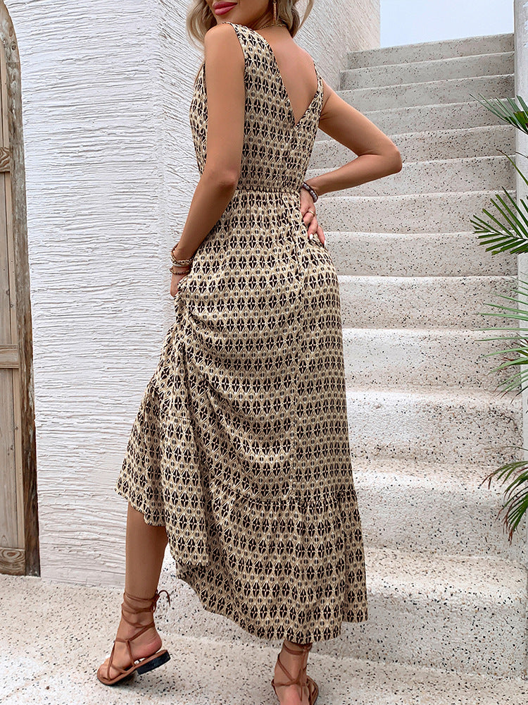 Women's Summer Cotton and Linen Dress 2025 Casual Sleeveless V Neck Flowing Ruffle Print Vintage Brown Long Dress - Seldom Seen Styles