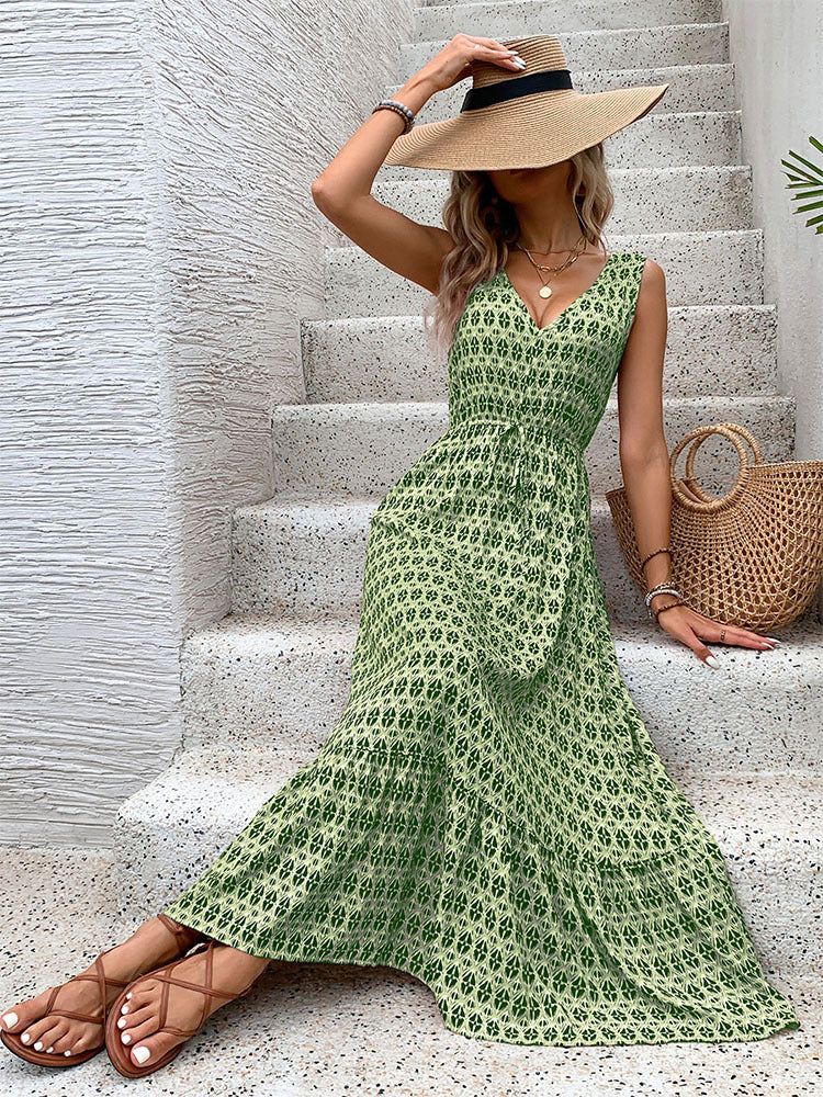 Women's Summer Cotton and Linen Dress 2025 Casual Sleeveless V Neck Flowing Ruffle Print Vintage Brown Long Dress - Seldom Seen Styles