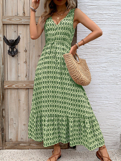 Women's Summer Cotton and Linen Dress 2025 Casual Sleeveless V Neck Flowing Ruffle Print Vintage Brown Long Dress - Seldom Seen Styles
