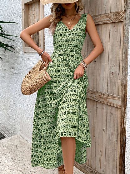 Women's Summer Cotton and Linen Dress 2025 Casual Sleeveless V Neck Flowing Ruffle Print Vintage Brown Long Dress - Seldom Seen Styles
