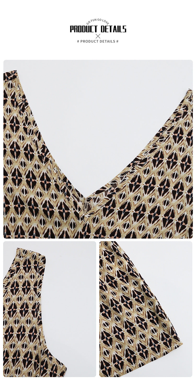 Women's Summer Cotton and Linen Dress 2025 Casual Sleeveless V Neck Flowing Ruffle Print Vintage Brown Long Dress - Seldom Seen Styles