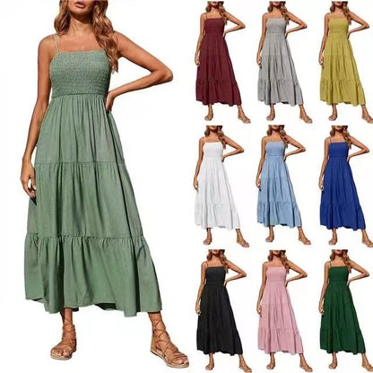 Women's Summer Midi Dress 2025 Casual Boho Sleeveless Spaghetti Strap Smocked Tiered Long Beach Sundresses - Seldom Seen Styles