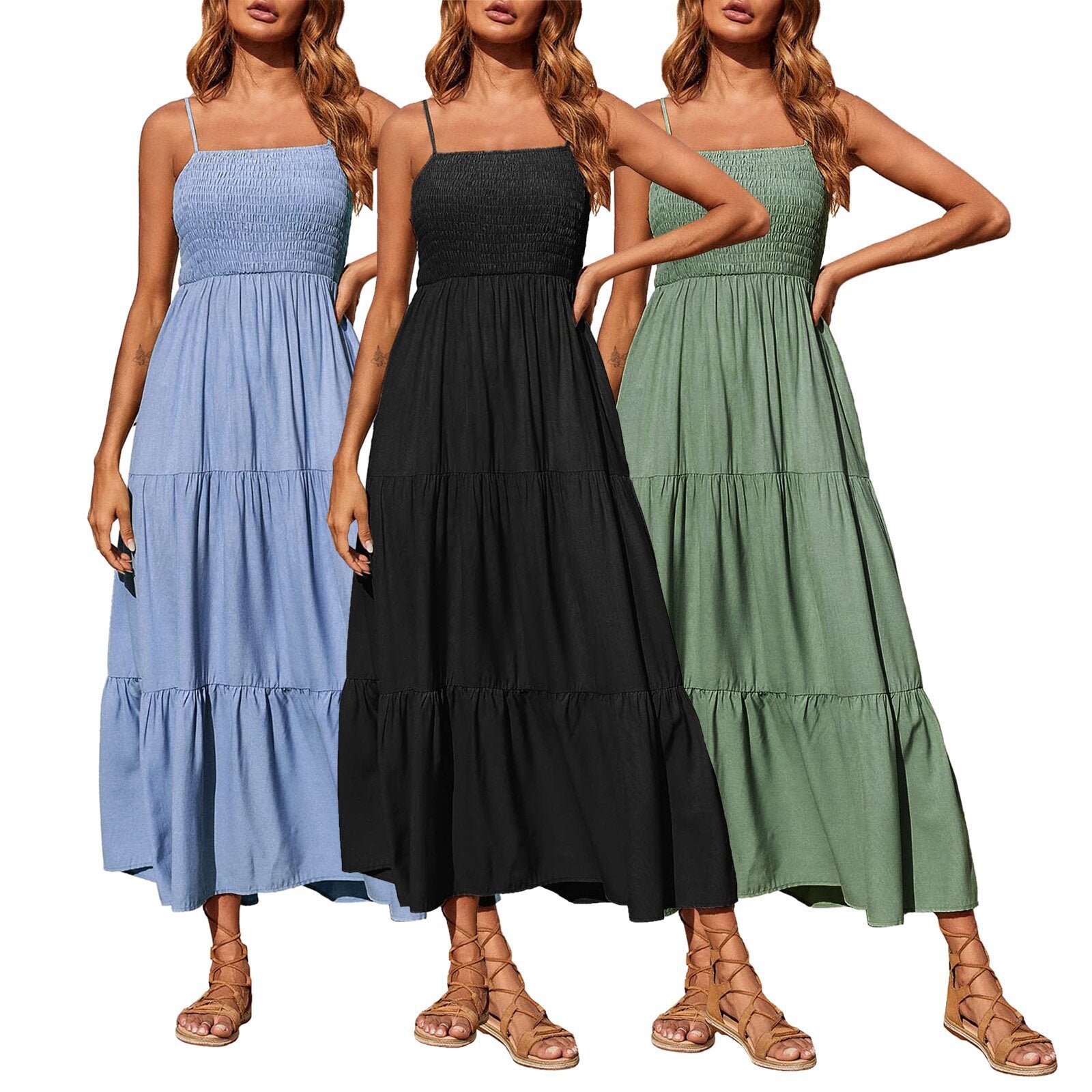 Women's Summer Midi Dress 2025 Casual Boho Sleeveless Spaghetti Strap Smocked Tiered Long Beach Sundresses - Seldom Seen Styles