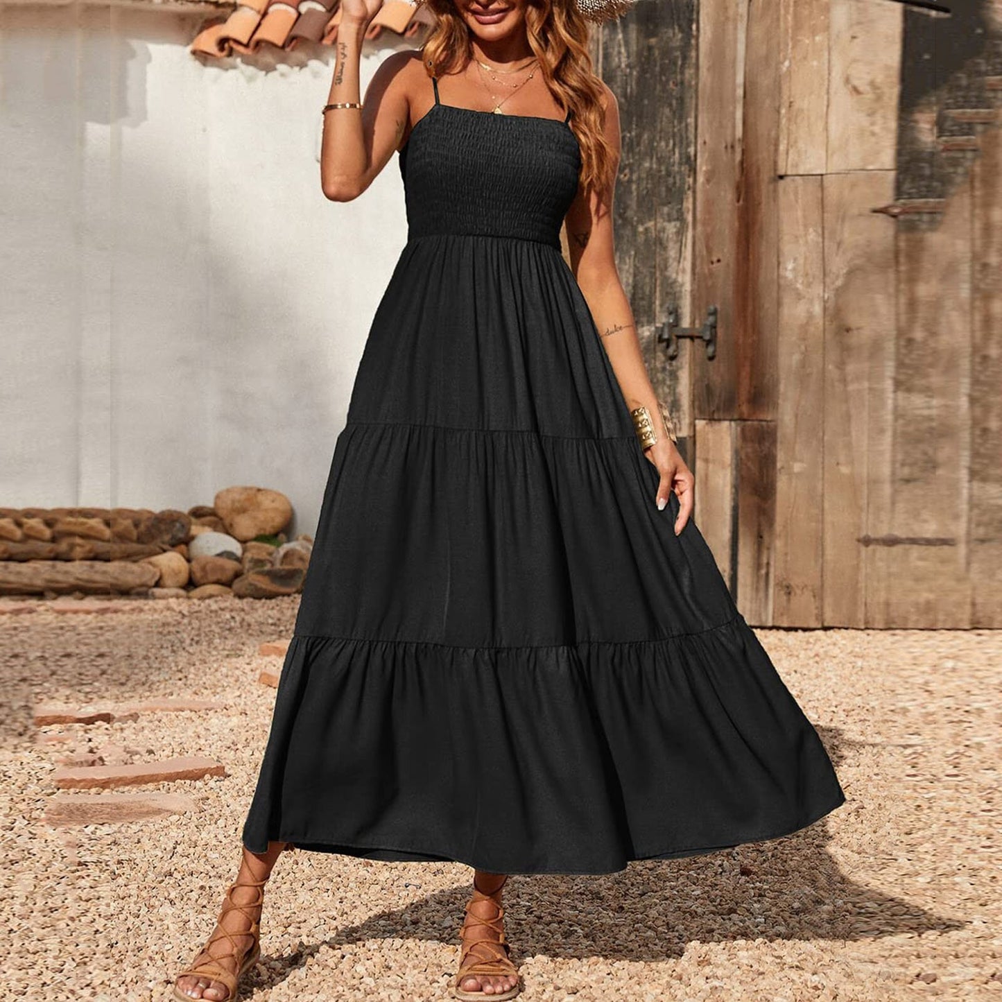 Women's Summer Midi Dress 2025 Casual Boho Sleeveless Spaghetti Strap Smocked Tiered Long Beach Sundresses - Seldom Seen Styles