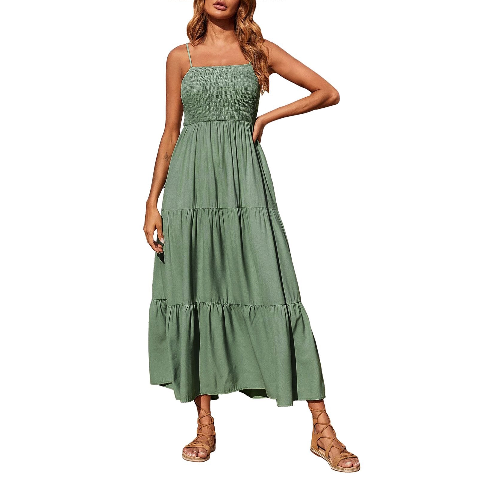 Women's Summer Midi Dress 2025 Casual Boho Sleeveless Spaghetti Strap Smocked Tiered Long Beach Sundresses - Seldom Seen Styles