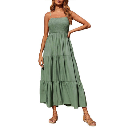 Women's Summer Midi Dress 2025 Casual Boho Sleeveless Spaghetti Strap Smocked Tiered Long Beach Sundresses - Seldom Seen Styles
