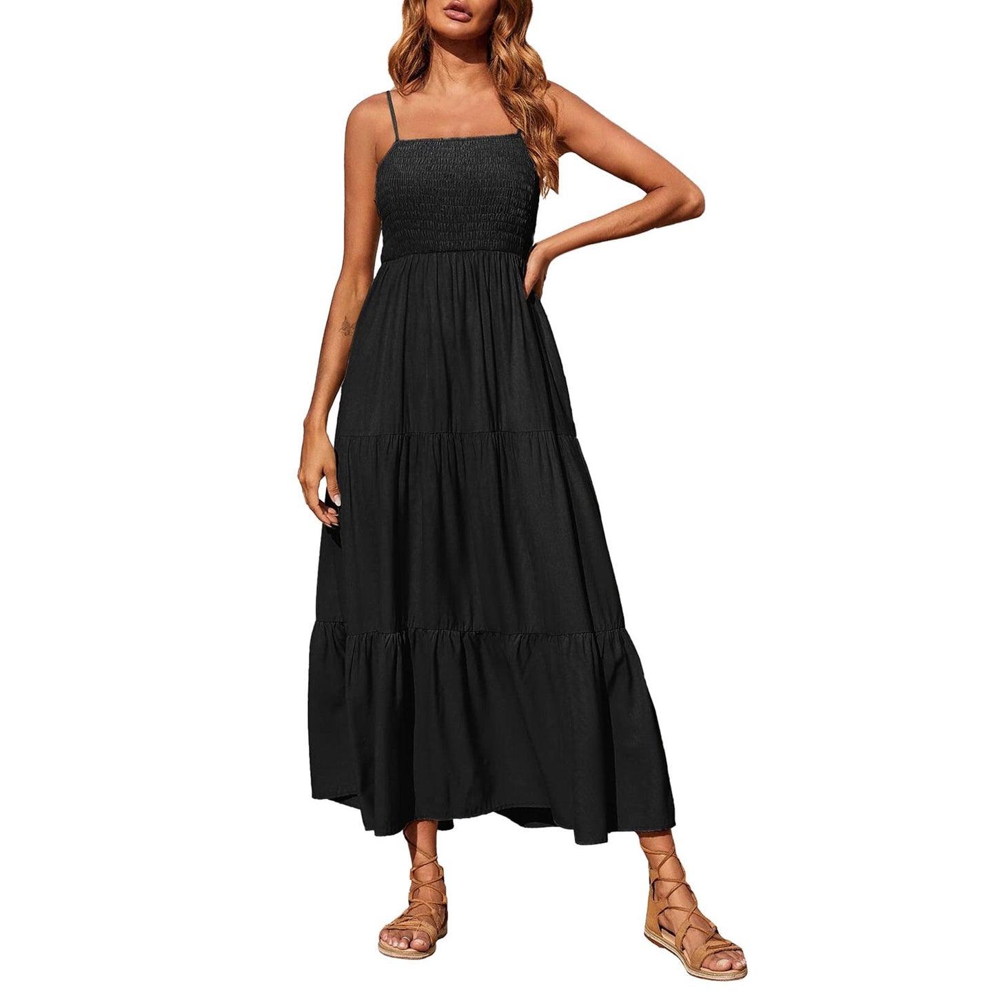 Women's Summer Midi Dress 2025 Casual Boho Sleeveless Spaghetti Strap Smocked Tiered Long Beach Sundresses - Seldom Seen Styles