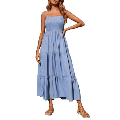 Women's Summer Midi Dress 2025 Casual Boho Sleeveless Spaghetti Strap Smocked Tiered Long Beach Sundresses - Seldom Seen Styles