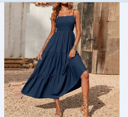 Women's Summer Midi Dress 2025 Casual Boho Sleeveless Spaghetti Strap Smocked Tiered Long Beach Sundresses - Seldom Seen Styles