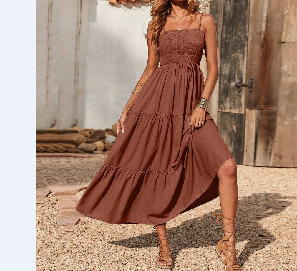 Women's Summer Midi Dress 2025 Casual Boho Sleeveless Spaghetti Strap Smocked Tiered Long Beach Sundresses - Seldom Seen Styles