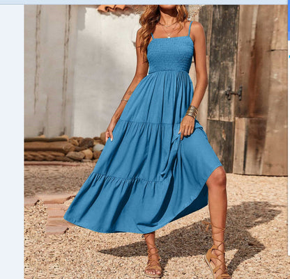 Women's Summer Midi Dress 2025 Casual Boho Sleeveless Spaghetti Strap Smocked Tiered Long Beach Sundresses - Seldom Seen Styles
