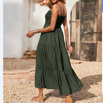 Women's Summer Midi Dress 2025 Casual Boho Sleeveless Spaghetti Strap Smocked Tiered Long Beach Sundresses - Seldom Seen Styles