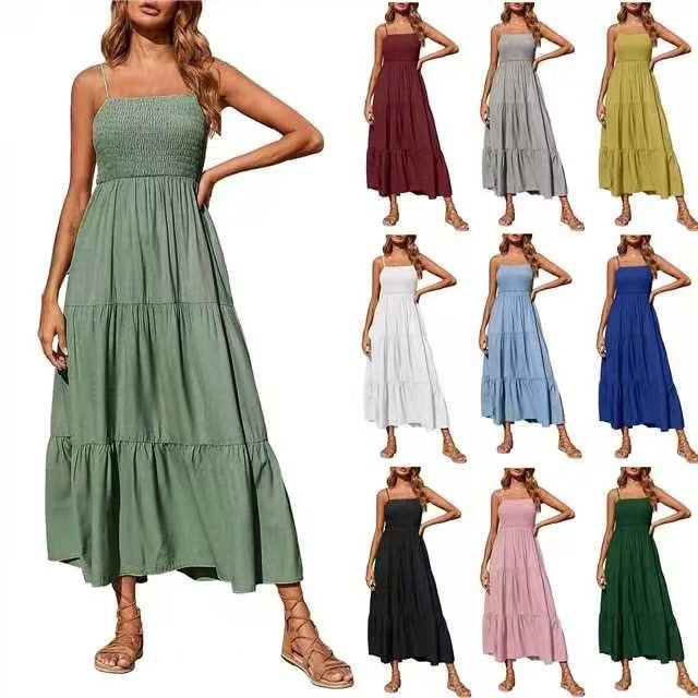 Women's Summer Midi Dress 2025 Casual Boho Sleeveless Spaghetti Strap Smocked Tiered Long Beach Sundresses - Seldom Seen Styles