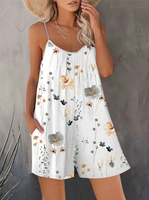 Women's Summer New Sleeveless Fashion Printed Loose Floral Strap Jumpsuit Straight Pants - Seldom Seen Styles