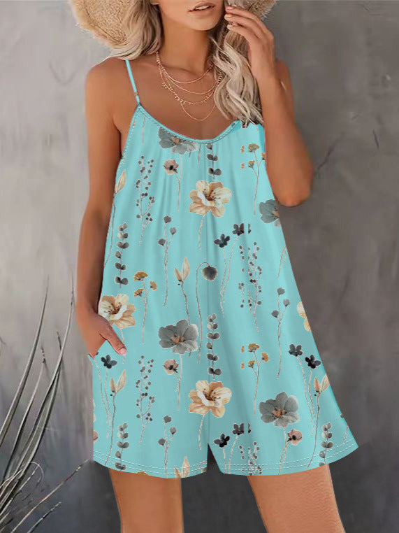Women's Summer New Sleeveless Fashion Printed Loose Floral Strap Jumpsuit Straight Pants - Seldom Seen Styles