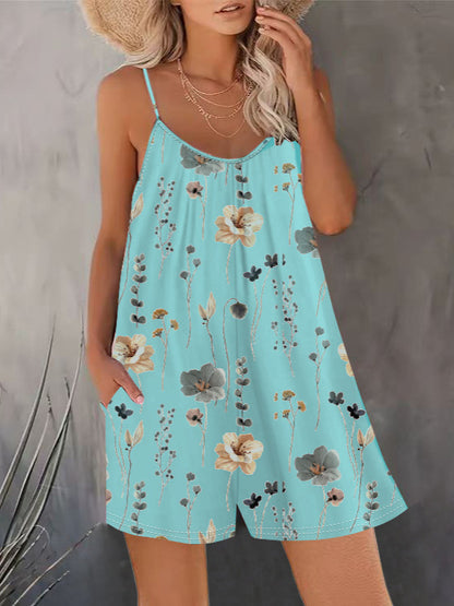 Women's Summer New Sleeveless Fashion Printed Loose Floral Strap Jumpsuit Straight Pants - Seldom Seen Styles