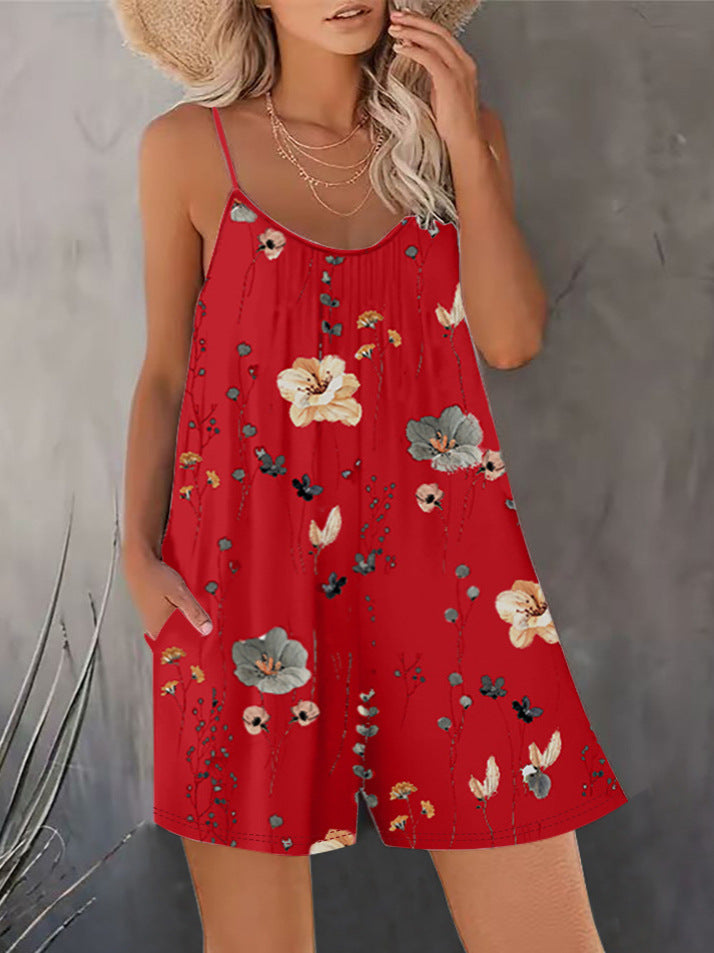 Women's Summer New Sleeveless Fashion Printed Loose Floral Strap Jumpsuit Straight Pants - Seldom Seen Styles