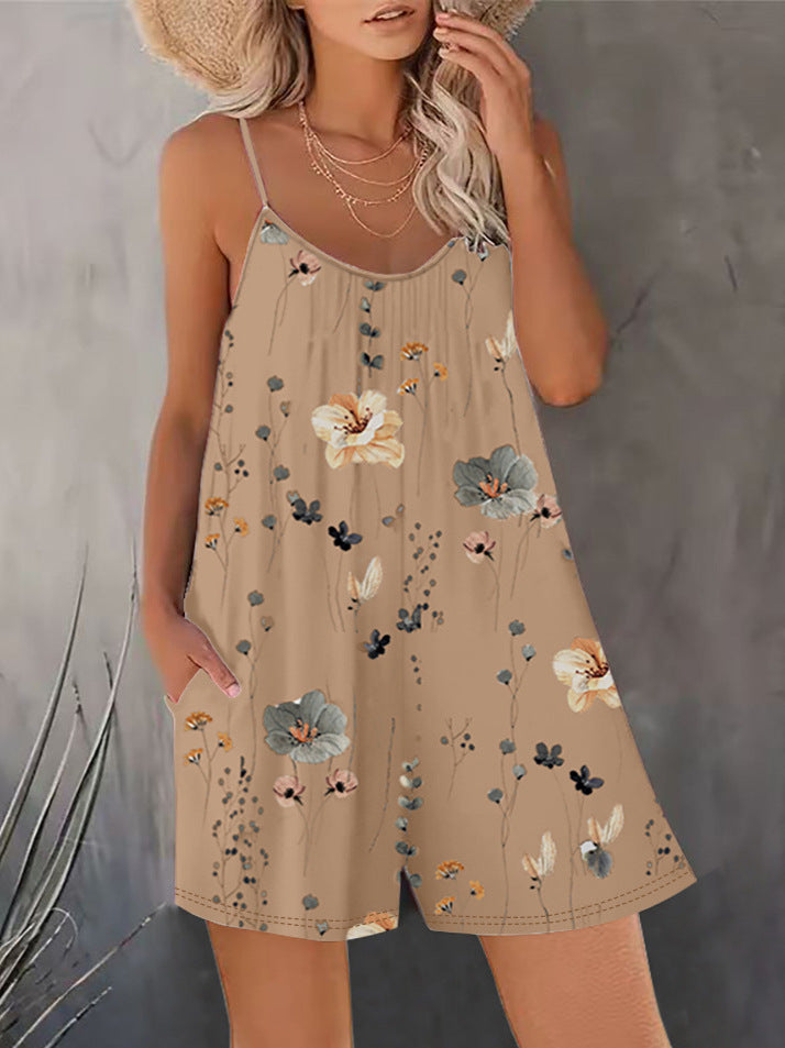 Women's Summer New Sleeveless Fashion Printed Loose Floral Strap Jumpsuit Straight Pants - Seldom Seen Styles