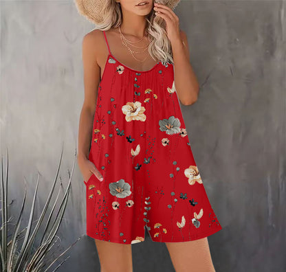 Women's Summer New Sleeveless Fashion Printed Loose Floral Strap Jumpsuit Straight Pants - Seldom Seen Styles