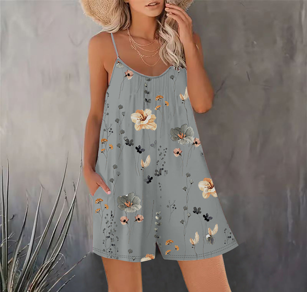 Women's Summer New Sleeveless Fashion Printed Loose Floral Strap Jumpsuit Straight Pants - Seldom Seen Styles