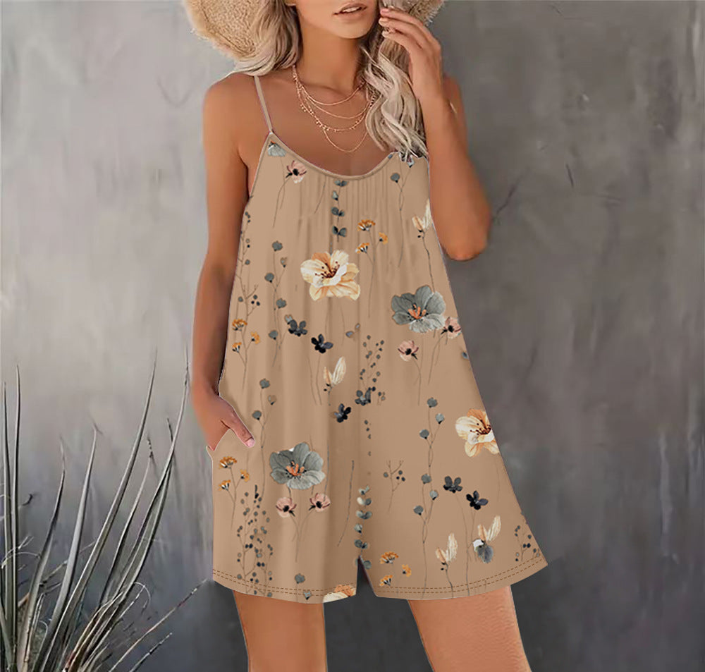 Women's Summer New Sleeveless Fashion Printed Loose Floral Strap Jumpsuit Straight Pants - Seldom Seen Styles