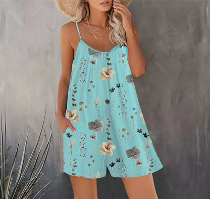 Women's Summer New Sleeveless Fashion Printed Loose Floral Strap Jumpsuit Straight Pants - Seldom Seen Styles