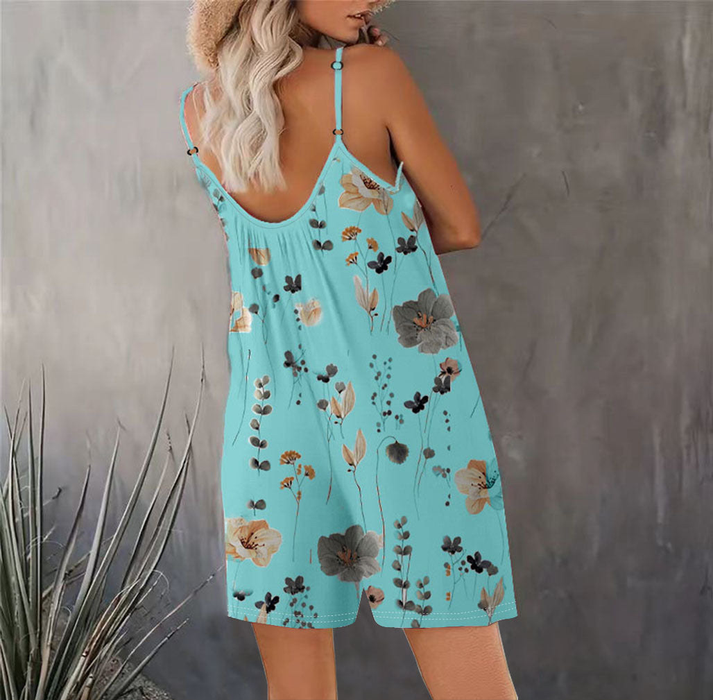 Women's Summer New Sleeveless Fashion Printed Loose Floral Strap Jumpsuit Straight Pants - Seldom Seen Styles