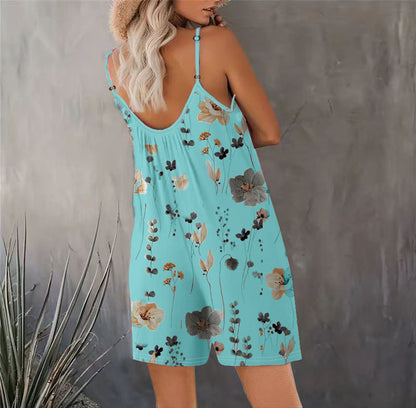 Women's Summer New Sleeveless Fashion Printed Loose Floral Strap Jumpsuit Straight Pants - Seldom Seen Styles