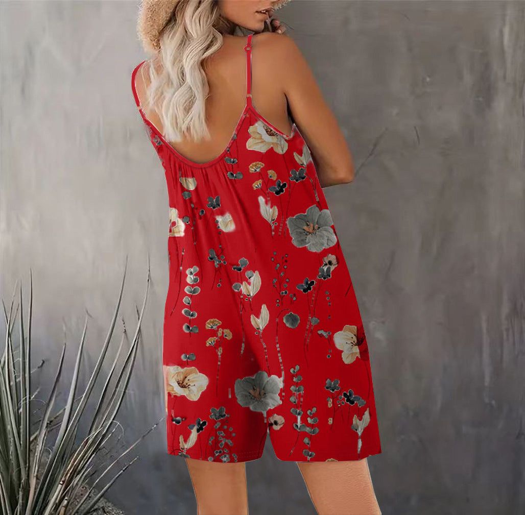 Women's Summer New Sleeveless Fashion Printed Loose Floral Strap Jumpsuit Straight Pants - Seldom Seen Styles