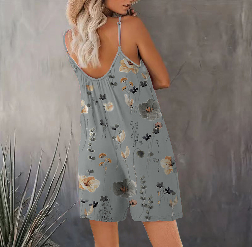 Women's Summer New Sleeveless Fashion Printed Loose Floral Strap Jumpsuit Straight Pants - Seldom Seen Styles