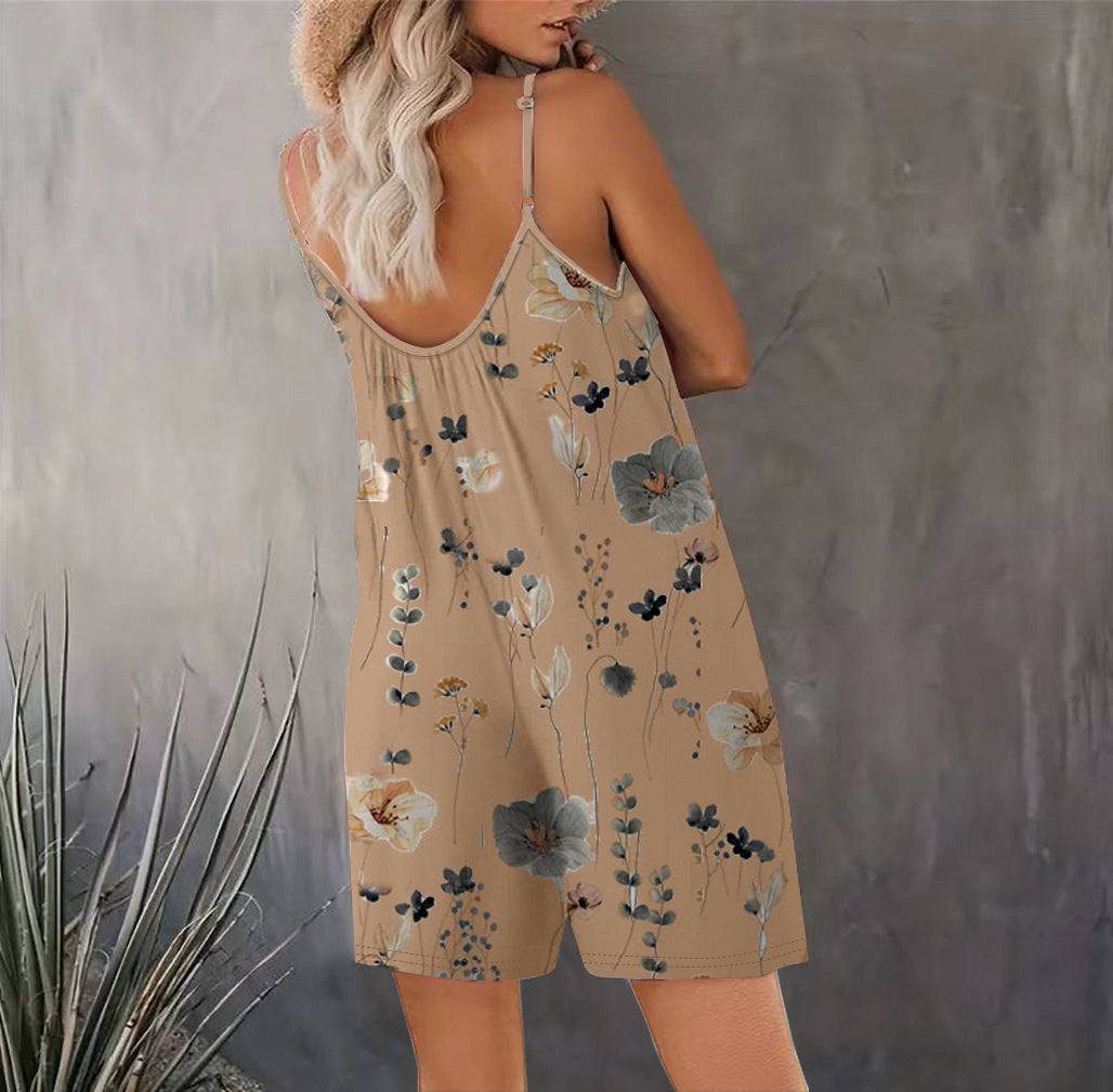 Women's Summer New Sleeveless Fashion Printed Loose Floral Strap Jumpsuit Straight Pants - Seldom Seen Styles