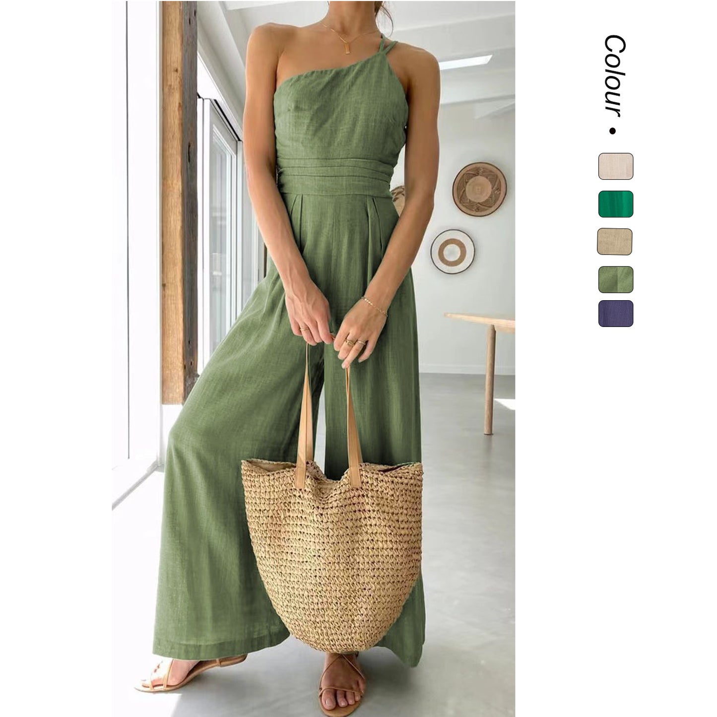 Women's Summer Straps One Shoulder High Waist Dressy Casual Wide Leg Linen Jumpsuit Romper Beach Travel Outfits - Seldom Seen Styles