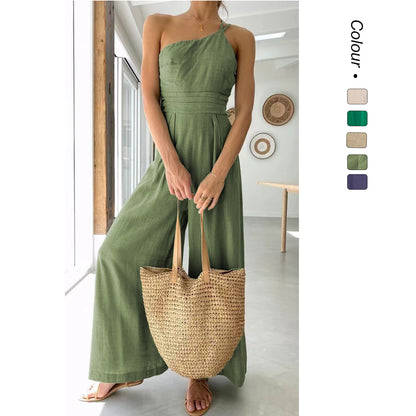 Women's Summer Straps One Shoulder High Waist Dressy Casual Wide Leg Linen Jumpsuit Romper Beach Travel Outfits - Seldom Seen Styles