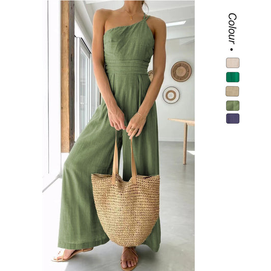 Women's Summer Straps One Shoulder High Waist Dressy Casual Wide Leg Linen Jumpsuit Romper Beach Travel Outfits - Seldom Seen Styles