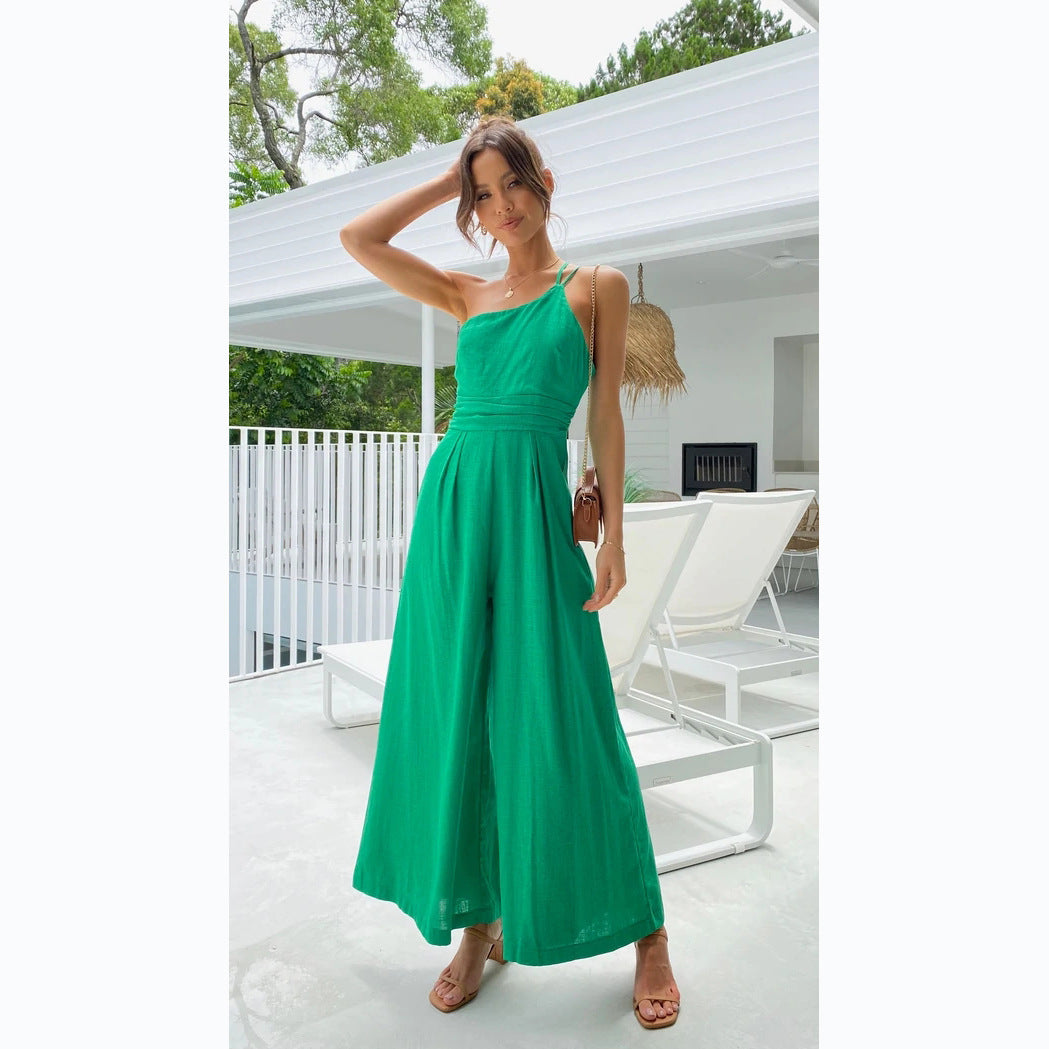 Women's Summer Straps One Shoulder High Waist Dressy Casual Wide Leg Linen Jumpsuit Romper Beach Travel Outfits - Seldom Seen Styles
