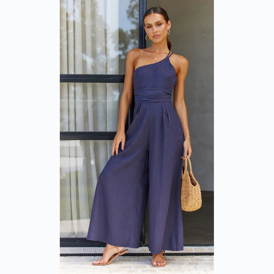 Women's Summer Straps One Shoulder High Waist Dressy Casual Wide Leg Linen Jumpsuit Romper Beach Travel Outfits - Seldom Seen Styles