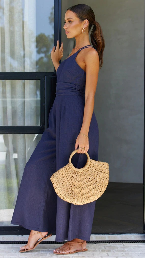 Women's Summer Straps One Shoulder High Waist Dressy Casual Wide Leg Linen Jumpsuit Romper Beach Travel Outfits - Seldom Seen Styles