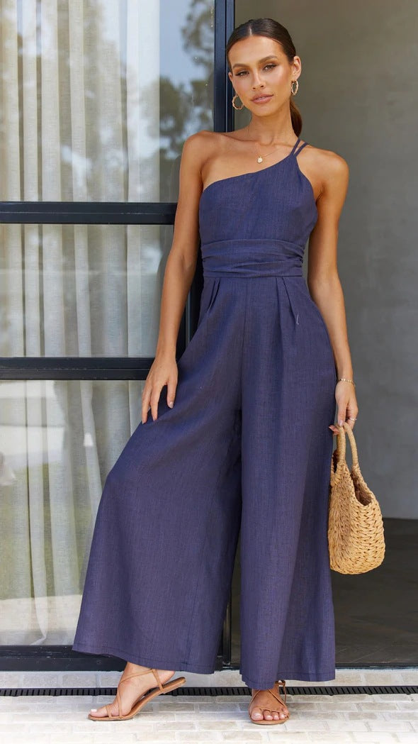 Women's Summer Straps One Shoulder High Waist Dressy Casual Wide Leg Linen Jumpsuit Romper Beach Travel Outfits - Seldom Seen Styles