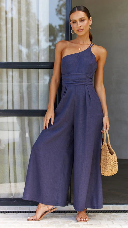 Women's Summer Straps One Shoulder High Waist Dressy Casual Wide Leg Linen Jumpsuit Romper Beach Travel Outfits - Seldom Seen Styles