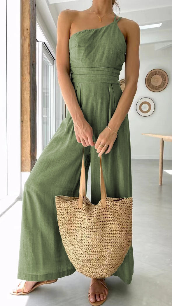 Women's Summer Straps One Shoulder High Waist Dressy Casual Wide Leg Linen Jumpsuit Romper Beach Travel Outfits - Seldom Seen Styles
