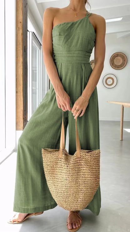 Women's Summer Straps One Shoulder High Waist Dressy Casual Wide Leg Linen Jumpsuit Romper Beach Travel Outfits - Seldom Seen Styles