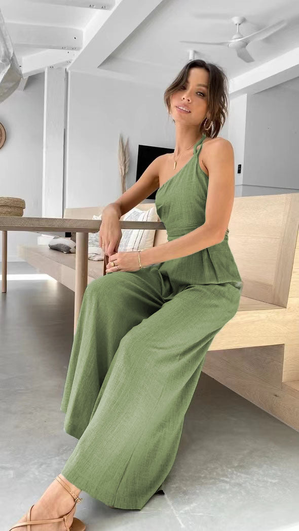 Women's Summer Straps One Shoulder High Waist Dressy Casual Wide Leg Linen Jumpsuit Romper Beach Travel Outfits - Seldom Seen Styles
