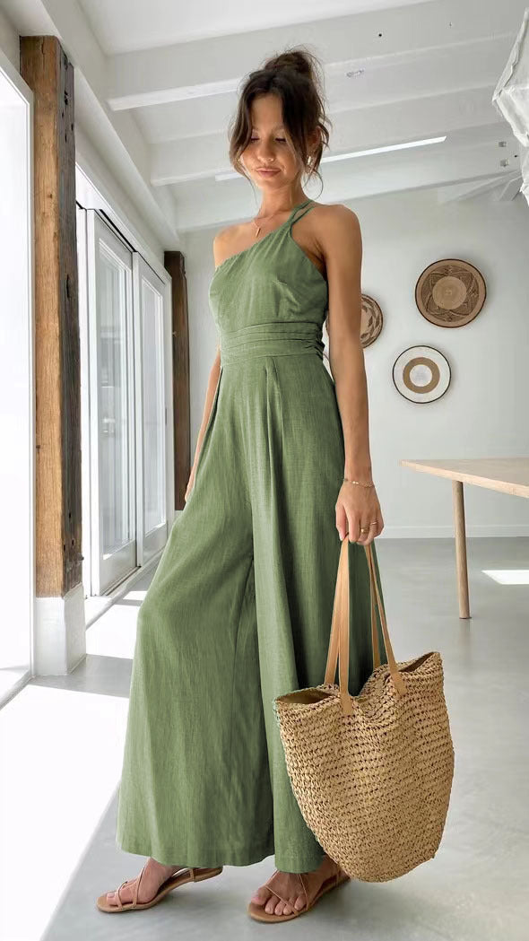 Women's Summer Straps One Shoulder High Waist Dressy Casual Wide Leg Linen Jumpsuit Romper Beach Travel Outfits - Seldom Seen Styles
