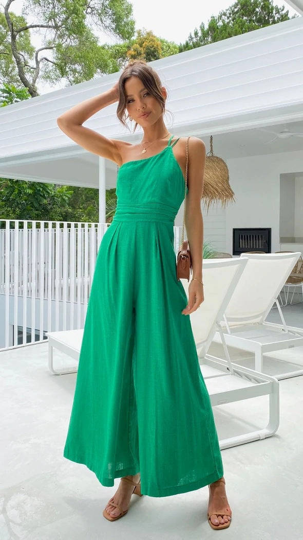 Women's Summer Straps One Shoulder High Waist Dressy Casual Wide Leg Linen Jumpsuit Romper Beach Travel Outfits - Seldom Seen Styles
