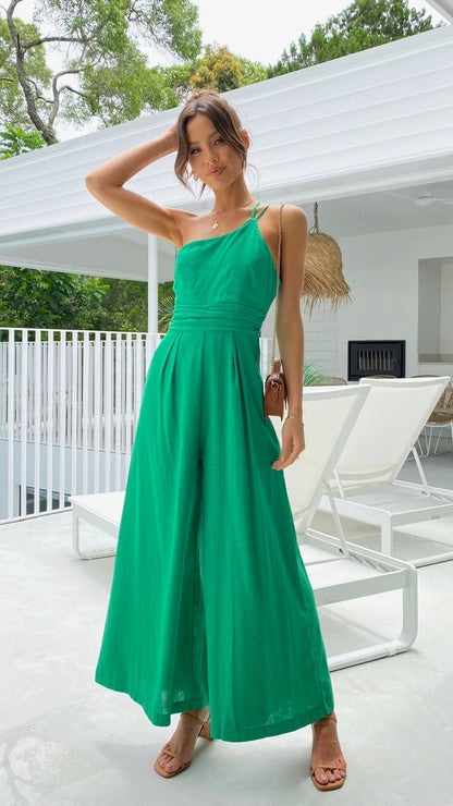 Women's Summer Straps One Shoulder High Waist Dressy Casual Wide Leg Linen Jumpsuit Romper Beach Travel Outfits - Seldom Seen Styles